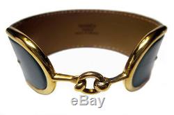 Authentic 1979 Vintage Hermes Deux Eperons Blue Leather Cuff Bracelet Ultra Rare