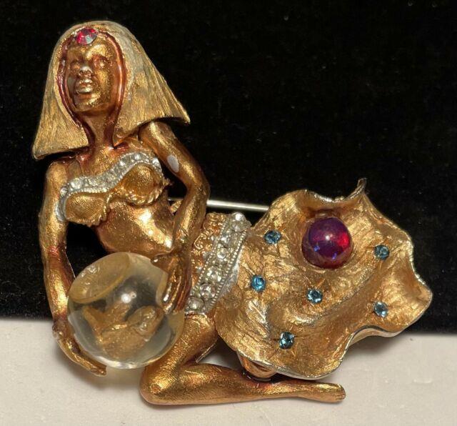 Har Brooch Ultra Rare Vintage Gilt R/s Floating Genie Crystal Ball Pin Signed A2