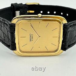 Rare Vintage 1980 SEIKO Gold Tone Quartz Ultra Thin Watch, Leather, 9300-5009