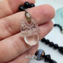 ULTRA RARE Vintage Latticino Art Glass Necklace Carved Rock Crystal Pendant 28