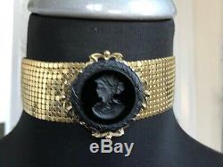 Ultra RARE Vintage Whiting & Davis Gold Mesh Intaglio Cameo Choker Necklace