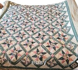 Ultra Rare 86x101 8 Pt Star Hand Sewn Vintage Antique Quilt Teal Patchwork King