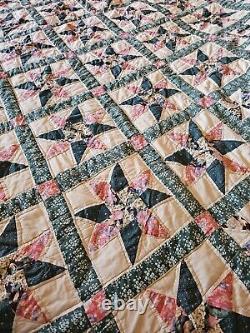 Ultra Rare 86x101 8 Pt Star Hand Sewn Vintage Antique Quilt Teal Patchwork King