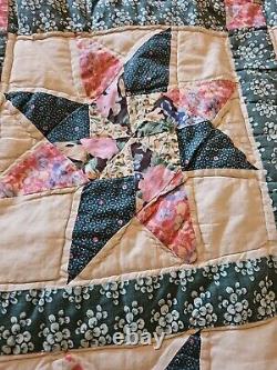 Ultra Rare 86x101 8 Pt Star Hand Sewn Vintage Antique Quilt Teal Patchwork King