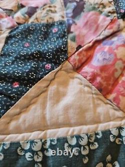 Ultra Rare 86x101 8 Pt Star Hand Sewn Vintage Antique Quilt Teal Patchwork King