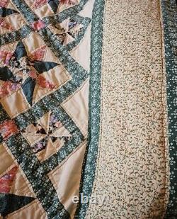 Ultra Rare 86x101 8 Pt Star Hand Sewn Vintage Antique Quilt Teal Patchwork King