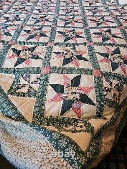 Ultra Rare 86x101 8 Pt Star Hand Sewn Vintage Antique Quilt Teal Patchwork King