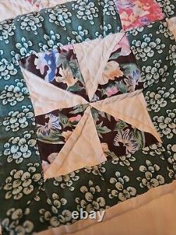 Ultra Rare 86x101 8 Pt Star Hand Sewn Vintage Antique Quilt Teal Patchwork King