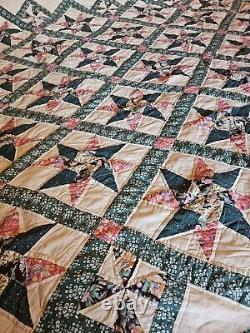 Ultra Rare 86x101 8 Pt Star Hand Sewn Vintage Antique Quilt Teal Patchwork King