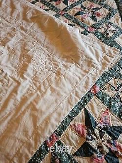 Ultra Rare 86x101 8 Pt Star Hand Sewn Vintage Antique Quilt Teal Patchwork King