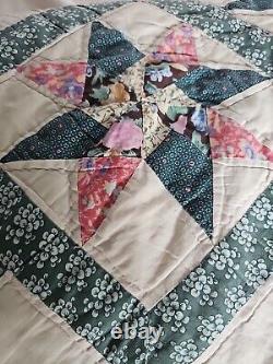 Ultra Rare 86x101 8 Pt Star Hand Sewn Vintage Antique Quilt Teal Patchwork King