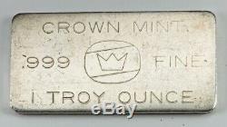 Ultra Rare CROWN MINT Vintage 1 oz Silver Bar. 999 Fine OG Crown Stamp