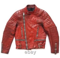Ultra Rare Vintage 70s Mens Red Distressed Leather Motorcycle Biker Jacket