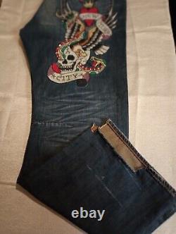 Ultra Rare Vintage Y2k Ed Hardy Jeans Skull Jeweled Rhinestones 100% Authentic