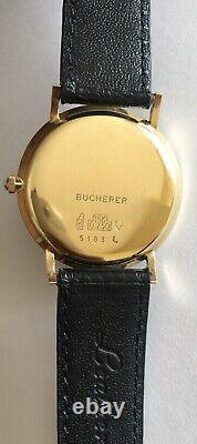 Vintage BUCHERER Watch 18k Gold Black Dial CROWN 2 Hands Time ULTRA RARE