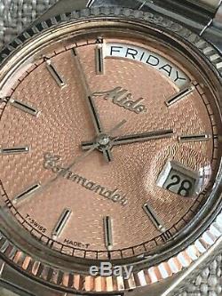Vintage Mido Commander Day Date Salmon Dial Ultra Rare quickset